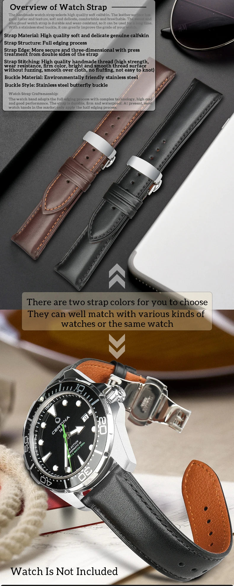 MAIKES Luxury Cow Leather Watch Bands 20mm 22mm 24mm With 316L Stainless Steel Butterfly Buckle Watch Strap Soft Watchbands