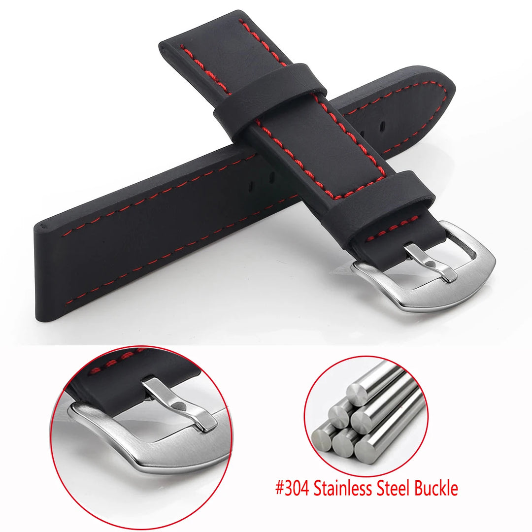 Fashion Vintage Leather Watch Strap – 18–24mm, Stainless Steel Buckle