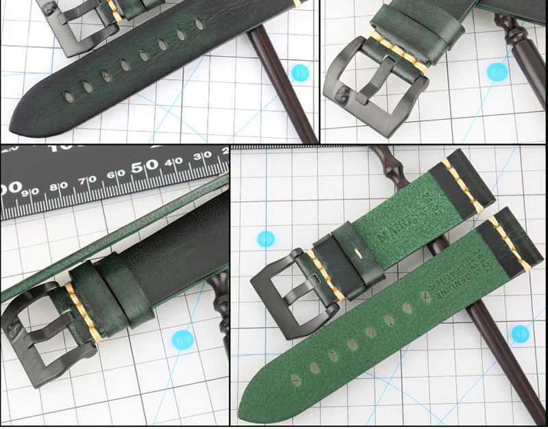 MAIKES Handmade Genuine Cow Leather Watch Band Vintage Black Watchband Watch Bracelet 20mm 22mm 24mm Watch Strap