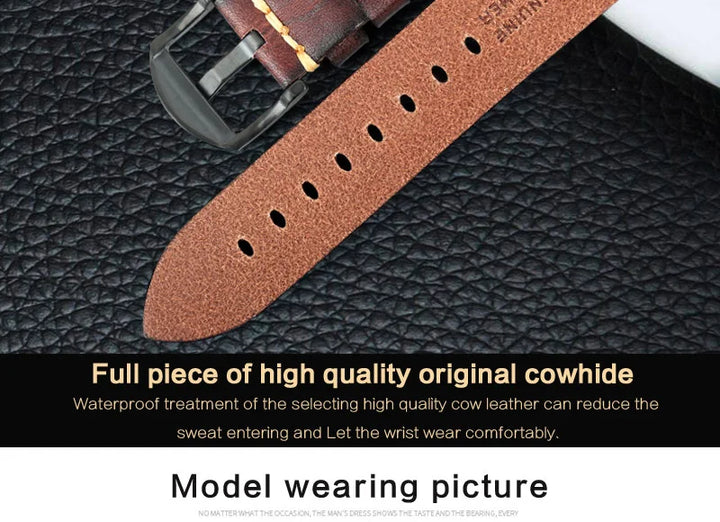 MAIKES Handmade Calfskin Leather Watch Strap – 20/22/24mm, Vintage for Panerai, MIDO & Longines