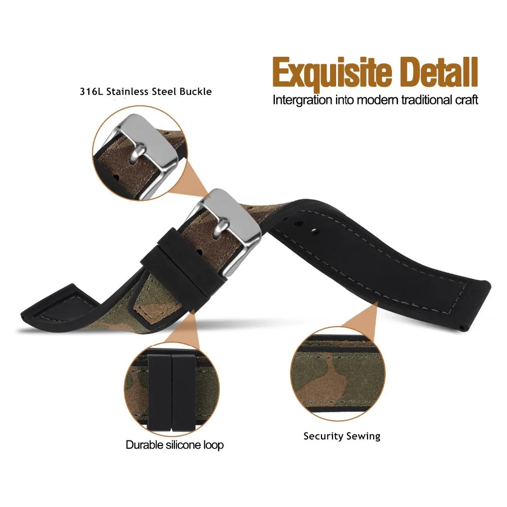 Hemsut Cowhide & Silicone Watch Strap – 18–24mm Waterproof & Breathable