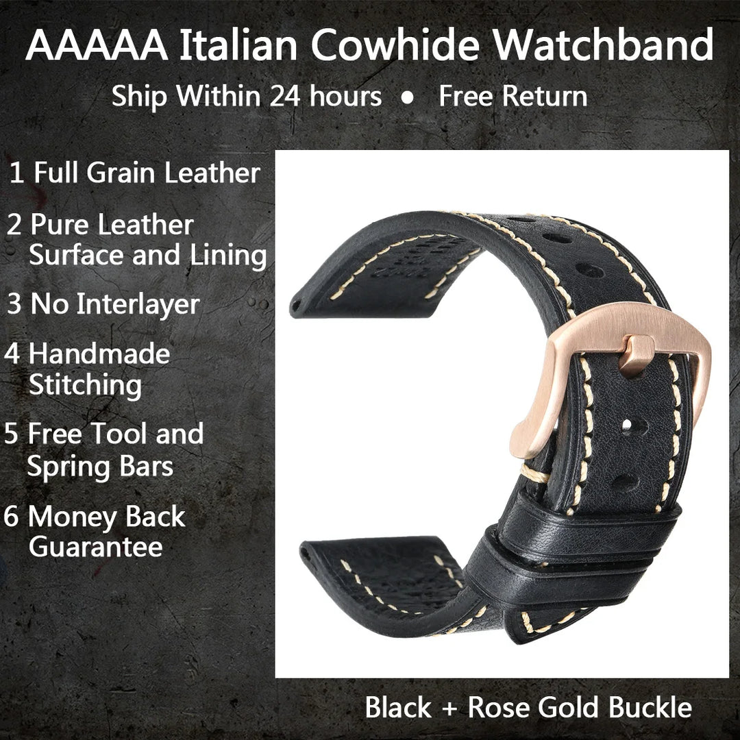 MAIKES Handmade AAA Leather Watch Band – Vintage Black (20-24mm)