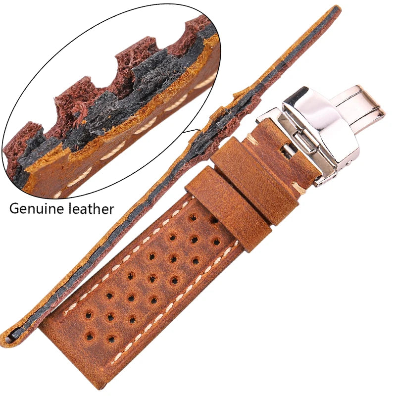 Breathable Genuine Leather Watchband with Deployment Clasp  20mm 22mm 24mm Comfortable Soft Watch Strap