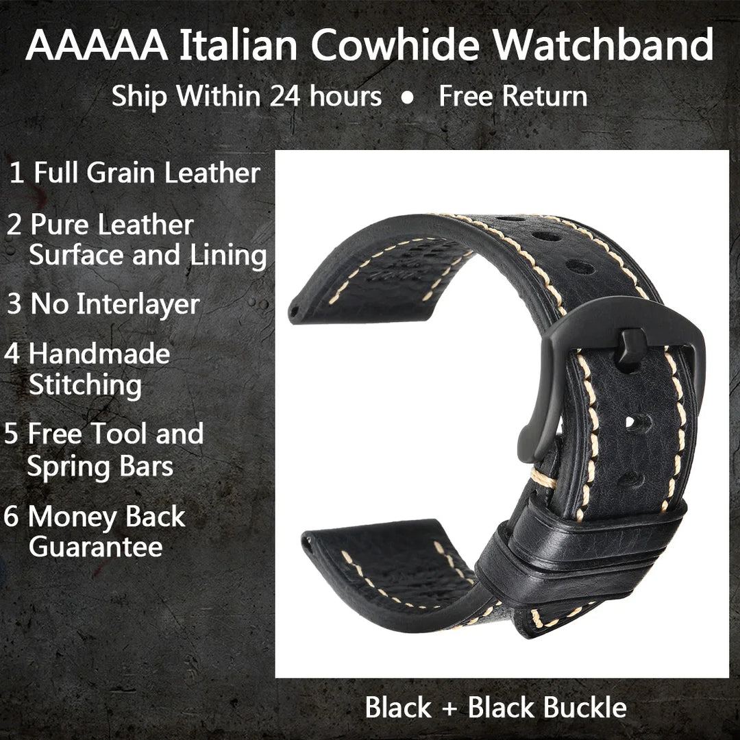 MAIKES Handmade AAA Leather Watch Band – Vintage Black (20-24mm)