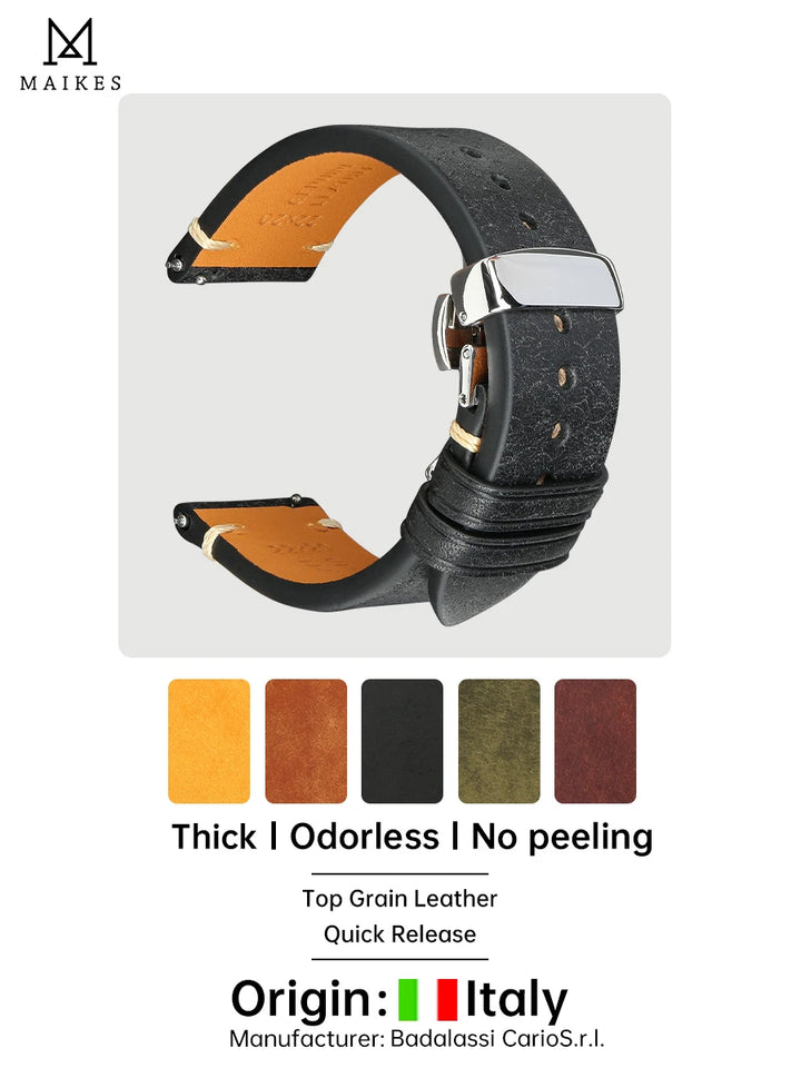 MAIKES Vintage Leather Watch Strap with Butterfly Buckle