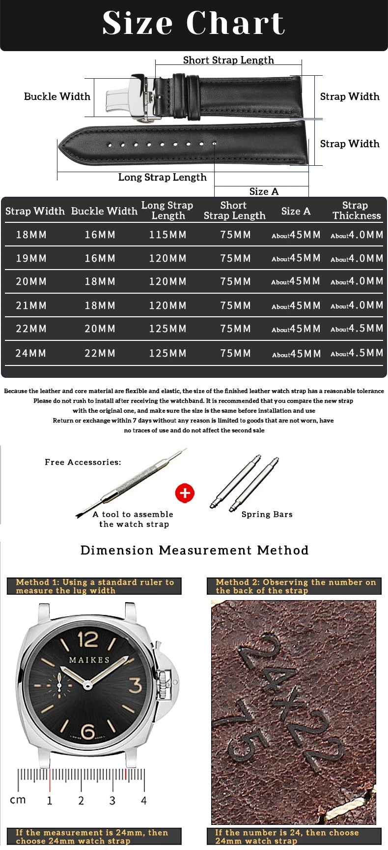 MAIKES Luxury Cow Leather Watch Bands 20mm 22mm 24mm With 316L Stainless Steel Butterfly Buckle Watch Strap Soft Watchbands