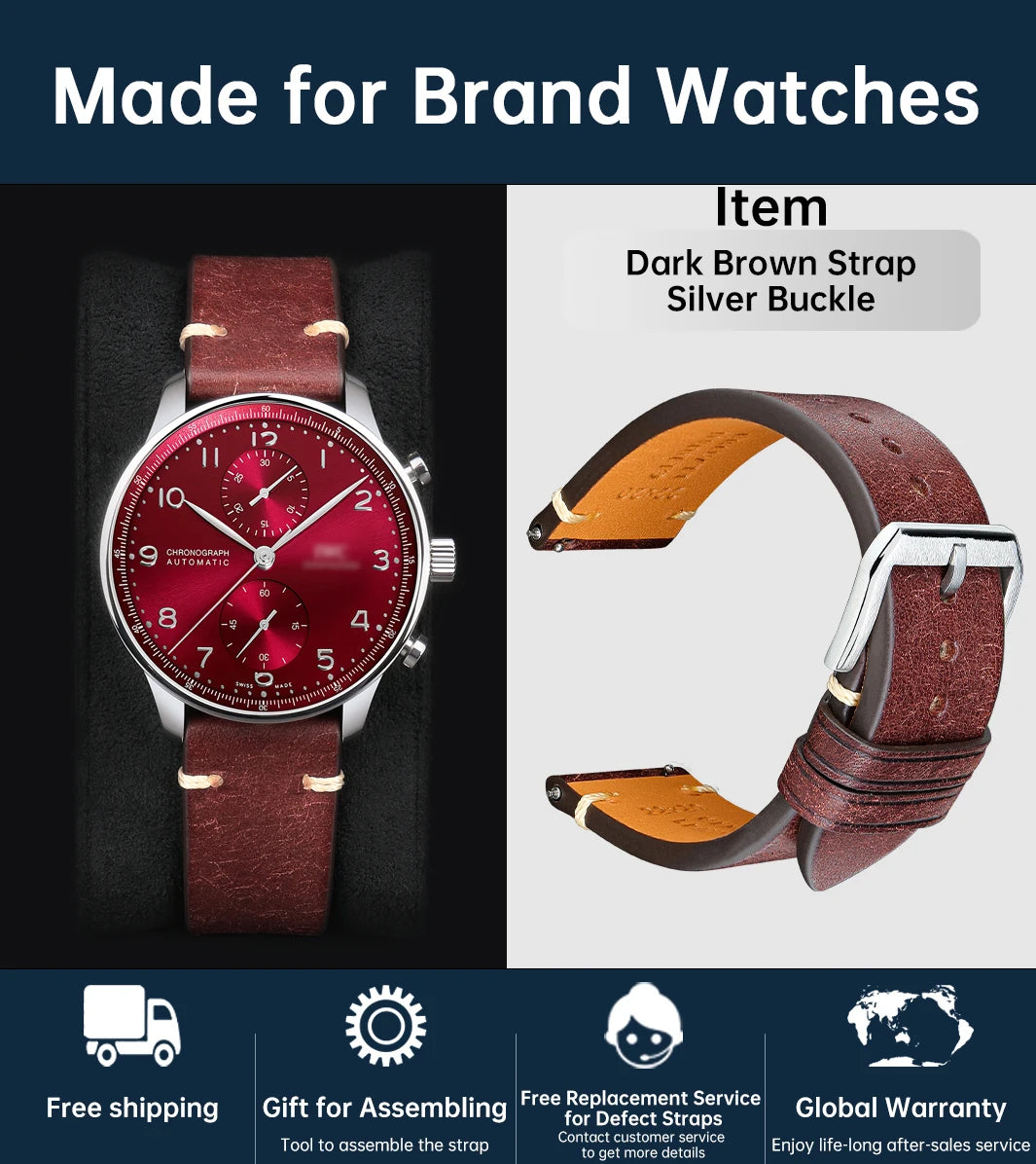 MAIKES Vintage Leather Watch Strap with Butterfly Buckle