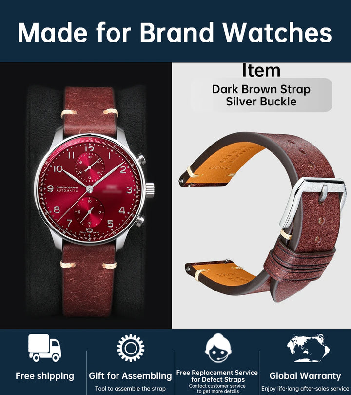 MAIKES Vintage Leather Watch Strap with Butterfly Buckle