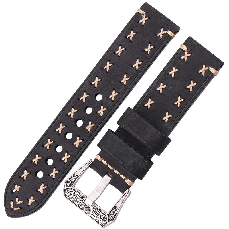 Handmade Genuine Leather Watch Strap 22–24mm with Retro Stainless Steel Buckle