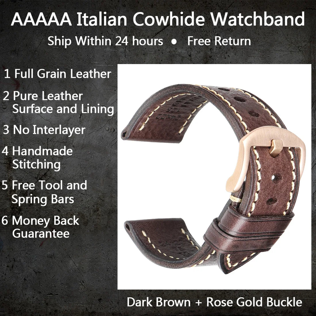 MAIKES Handmade AAA Leather Watch Band – Vintage Black (20-24mm)