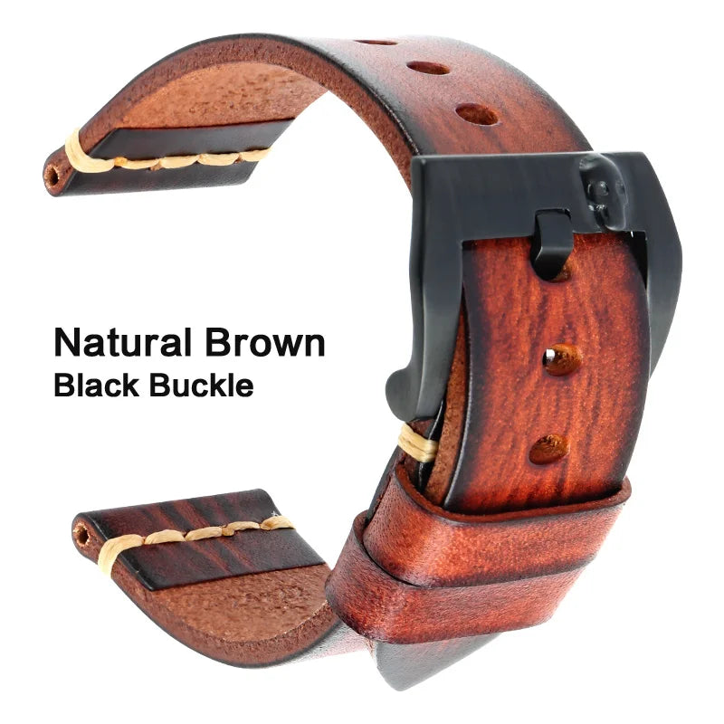 MAIKES Handmade Genuine Cow Leather Watch Band Vintage Black Watchband Watch Bracelet 20mm 22mm 24mm Watch Strap