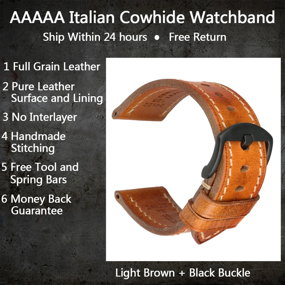 MAIKES Handmade AAA Leather Watch Band – Vintage Black (20-24mm)