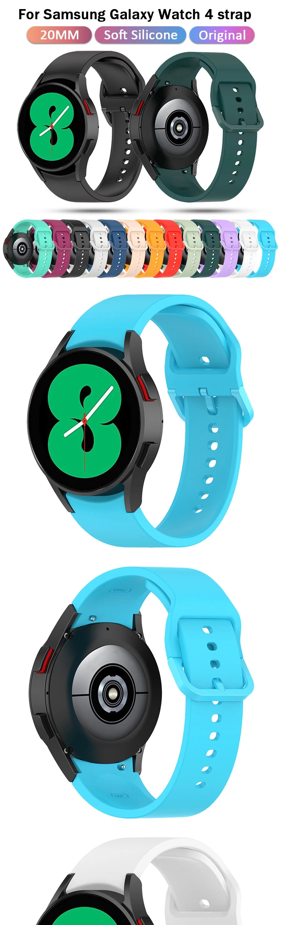 20mm Silicone Watch Strap for Samsung Galaxy Watch 40–46mm Sports Band