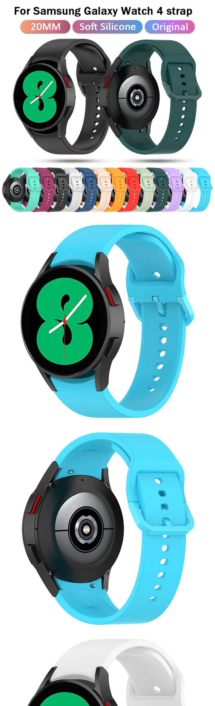 20mm Silicone Watch Strap for Samsung Galaxy Watch 40–46mm Sports Band