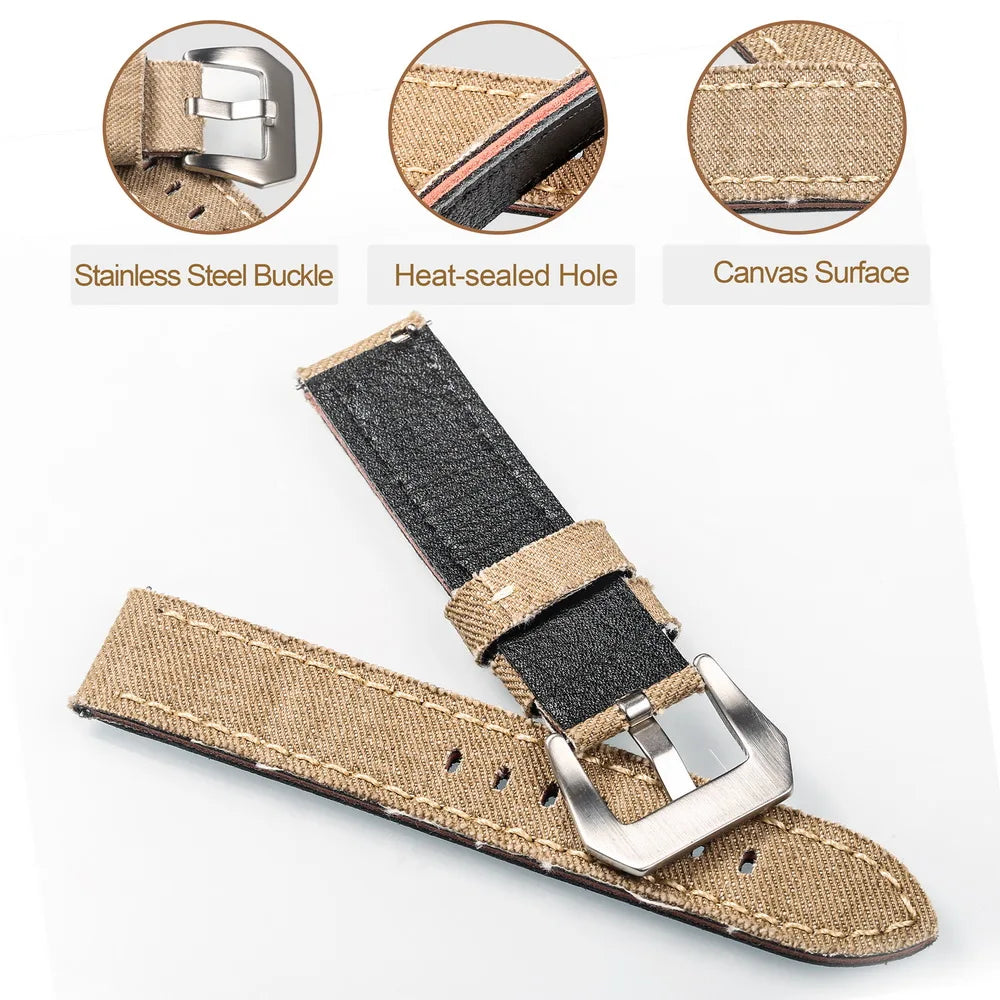 Hemsut Denim Canvas Watch Strap – 20–24mm Quick-Release Khaki, Steel Buckle