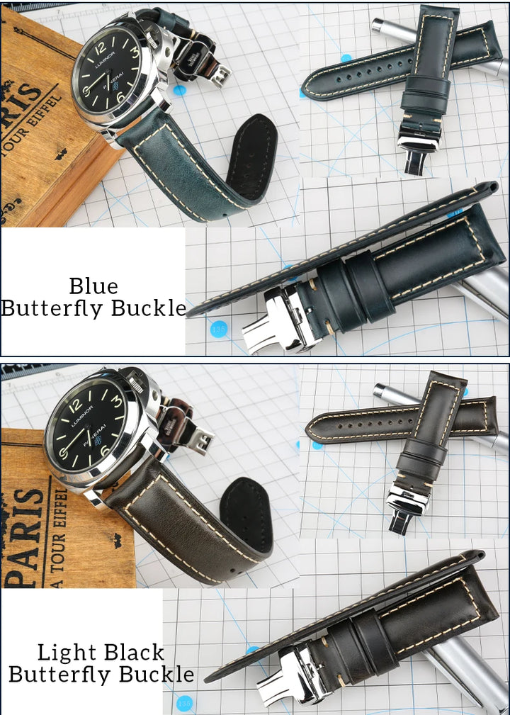 Cowhide Leather Watch Strap – 20/22/24mm, Butterfly Buckle Clasp
