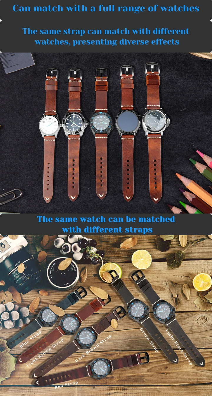 MAIKES Vintage Oil Wax Leather Watch Band Watch Accessories Bracelet 20mm 22mm 24mm Blue Watchband Watch Strap For Omega MIDO