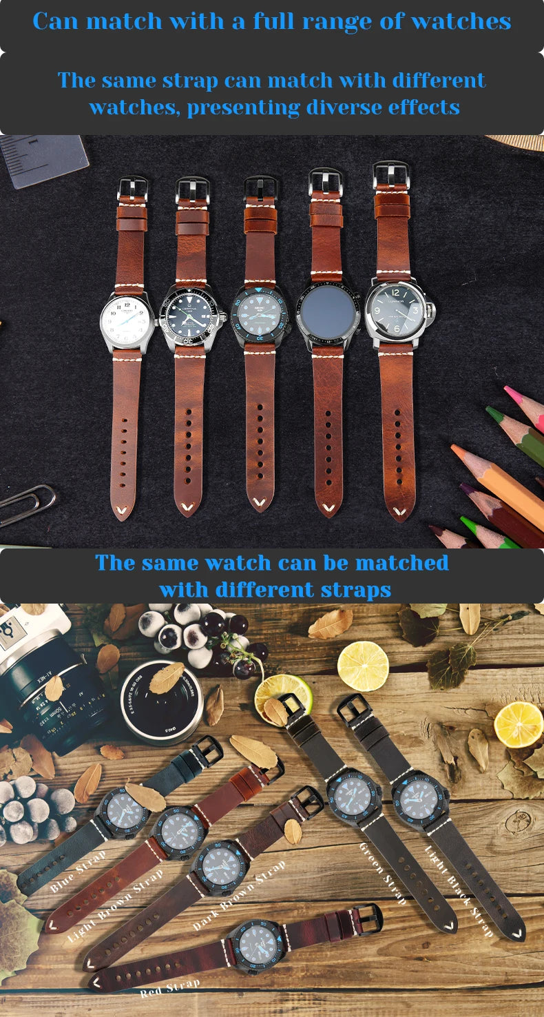 MAIKES Brown Cowhide Leather Watch Strap 20-24mm
