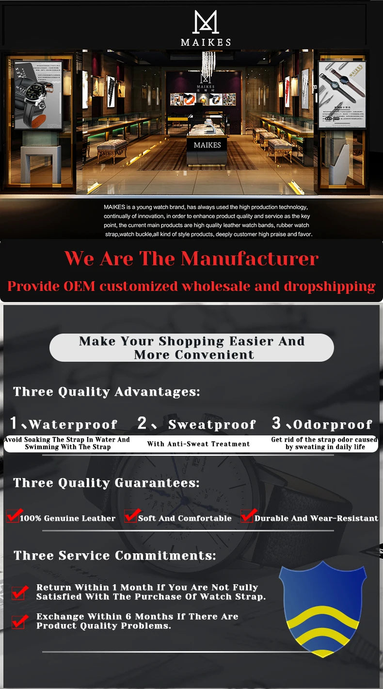 MAIKES luxury Genuine Leather Watch Strap 20mm 22mm Watch Accessories Bands For MIDO TISSOT SEIKO Watch Bracelet