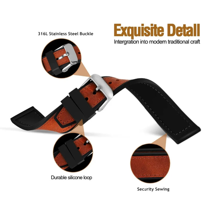 Hemsut Cowhide & Silicone Watch Strap – 18–24mm Waterproof & Breathable