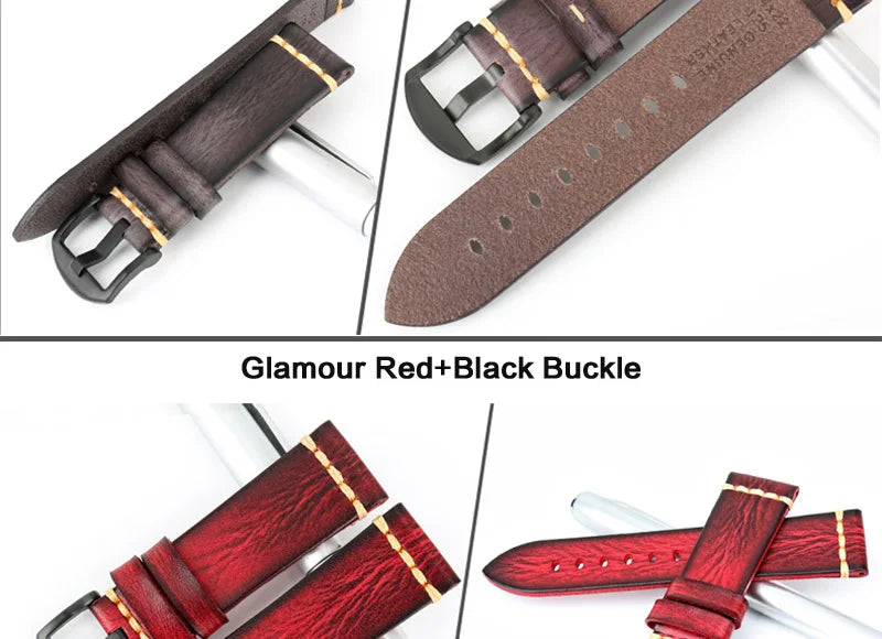 MAIKES Handmade Calfskin Leather Watch Strap – 20/22/24mm, Vintage for Panerai, MIDO & Longines