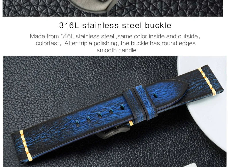 MAIKES Handmade Calfskin Leather Watch Strap – 20/22/24mm, Vintage for Panerai, MIDO & Longines