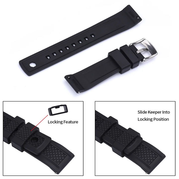 Quality Vulcanized FKM Rubber Watch Strap 20mm 22mm Black Blue Wristband Slide Keeper Ring With Quick Release Sport Watchband