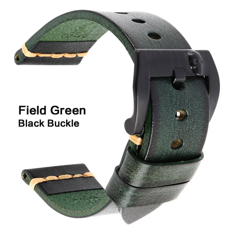 MAIKES Handmade Genuine Cow Leather Watch Band Vintage Black Watchband Watch Bracelet 20mm 22mm 24mm Watch Strap