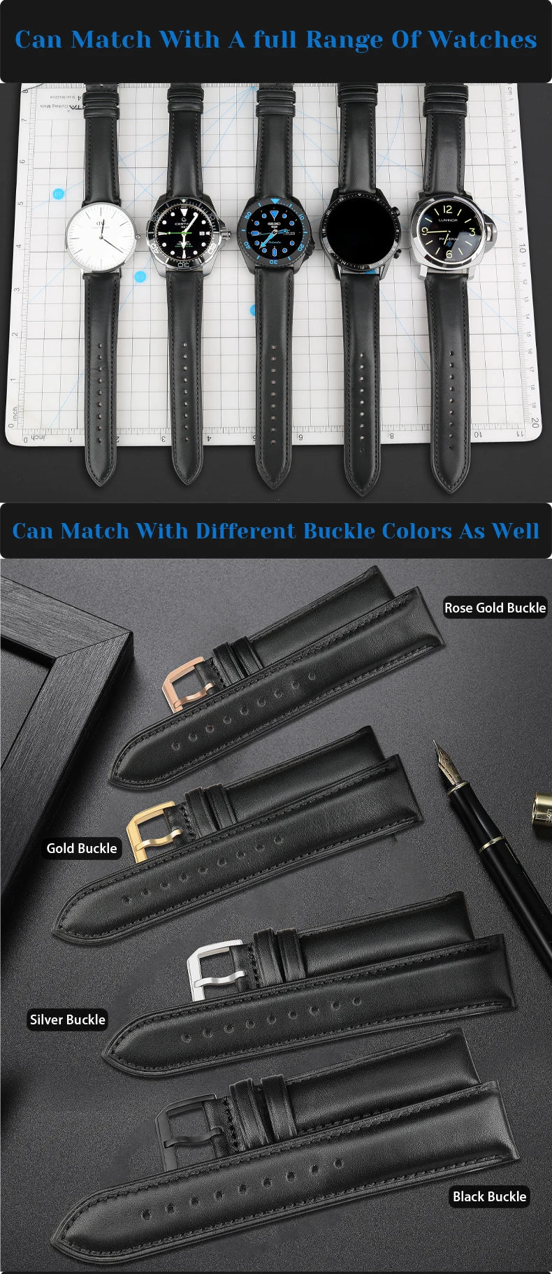 MAIKES luxury Genuine Leather Watch Bands 20mm 22mm 24mm Soft Cowhide Leather Strap Bracelet For Longines Casio DW Watchband