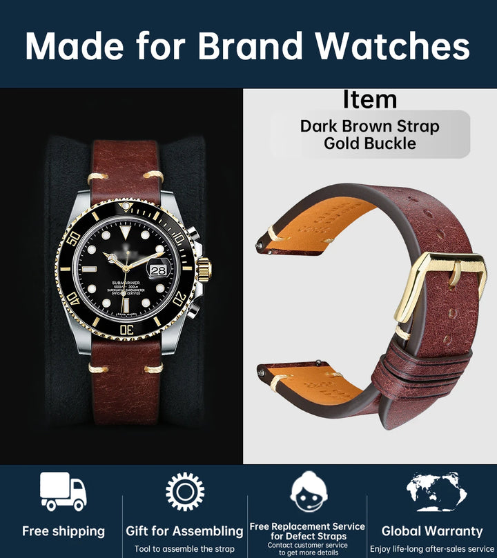 Luxury Italian Vintage Cowhide Leather Strap with Butterfly Buckle