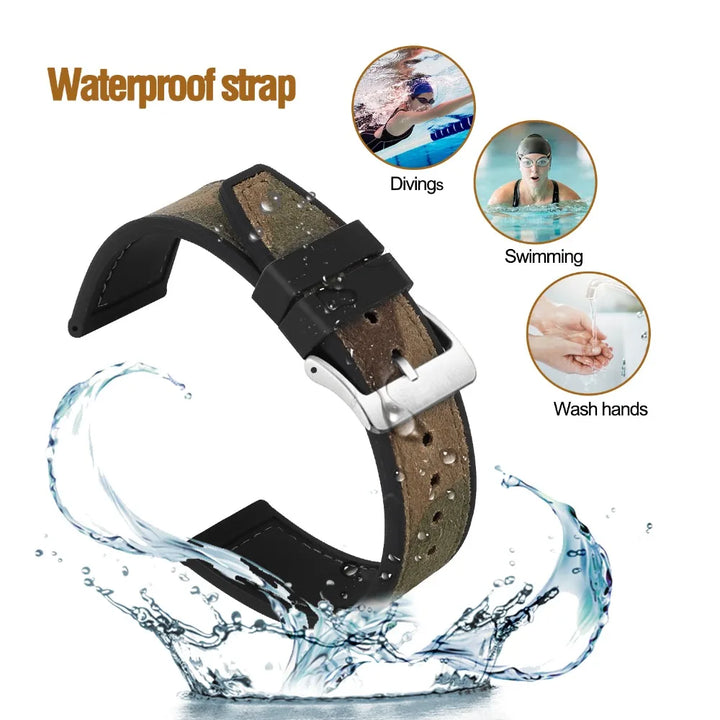 HEMSUT Leather & Silicone Hybrid Strap – 18–24mm, Waterproof