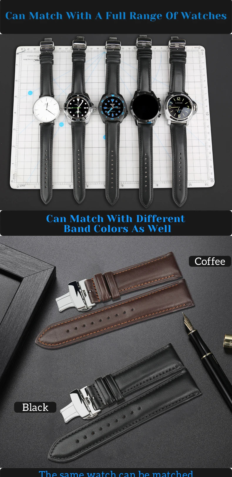 MAIKES Luxury Cow Leather Watch Bands 20mm 22mm 24mm With 316L Stainless Steel Butterfly Buckle Watch Strap Soft Watchbands