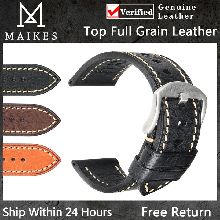 MAIKES Handmade AAA Leather Watch Band – Vintage Black (20-24mm)