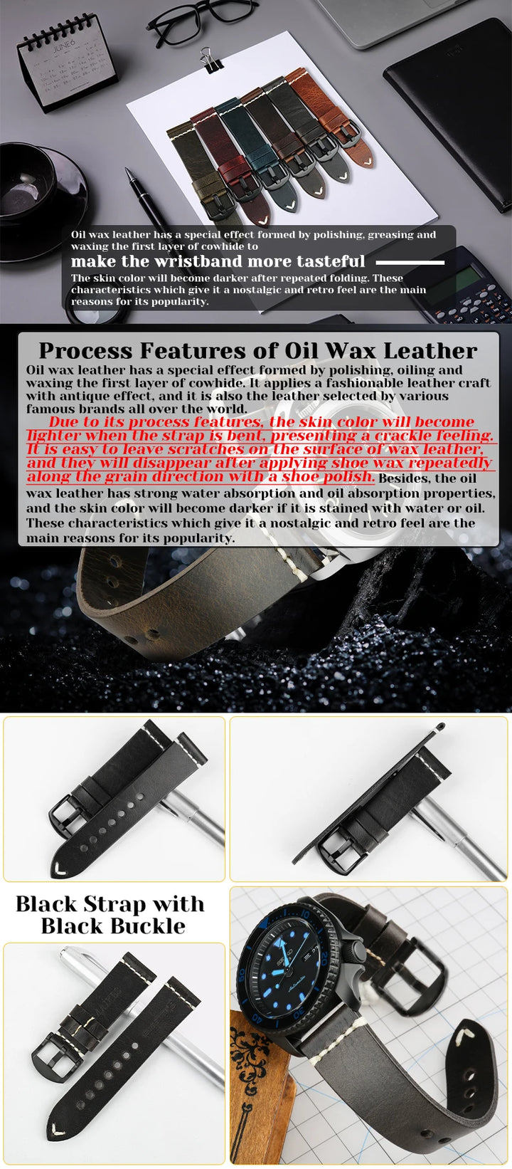 MAIKES Vintage Oil Wax Leather Watch Band Watch Accessories Bracelet 20mm 22mm 24mm Blue Watchband Watch Strap For Omega MIDO