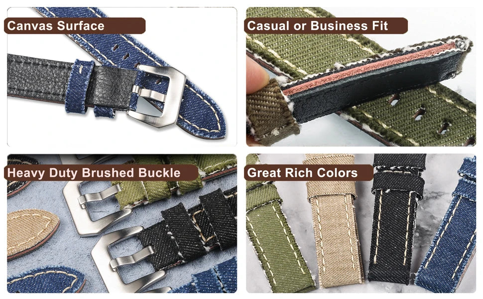 Hemsut Denim Canvas Watch Strap – 20–24mm Quick-Release with Steel Buckle