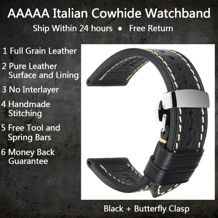MAIKES Handmade AAA Leather Watch Band – Vintage Black (20-24mm)