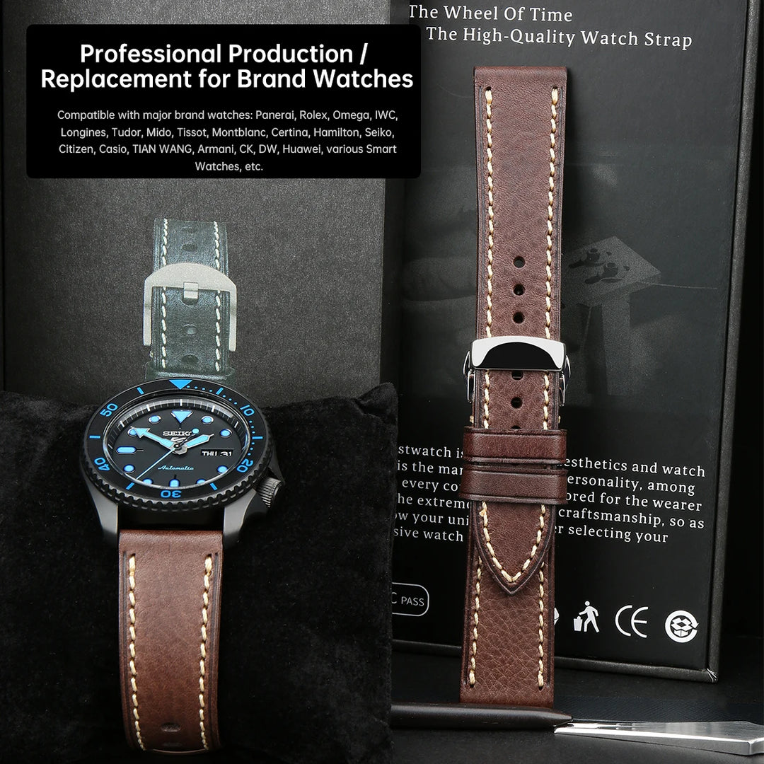 MAIKES Handmade AAA Leather Watch Band – Vintage Black (20-24mm)