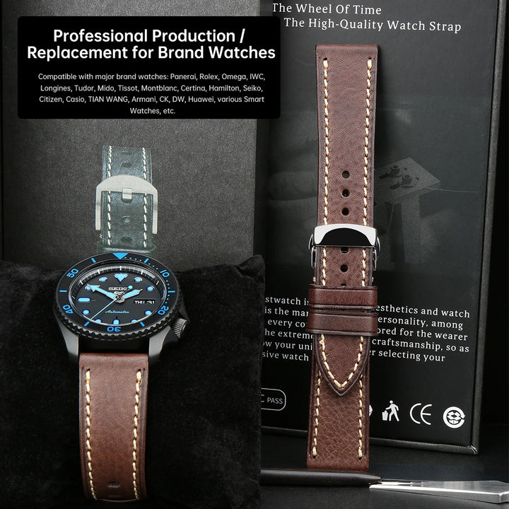 MAIKES Handmade AAA Leather Watch Band – Vintage Black (20-24mm)