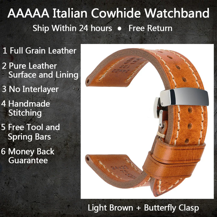 MAIKES Handmade AAA Leather Watch Band – Vintage Black (20-24mm)