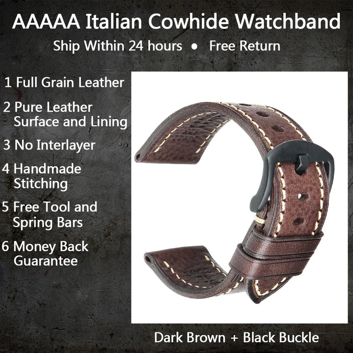 MAIKES Handmade AAA Leather Watch Band – Vintage Black (20-24mm)