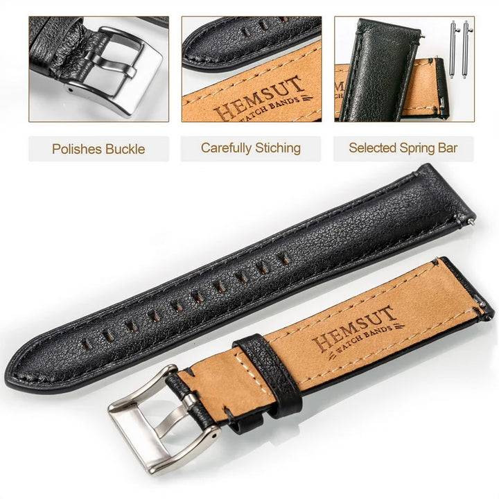HEMSUT Genuine Cowhide Leather Quick-Release Watch Strap (18-24mm)