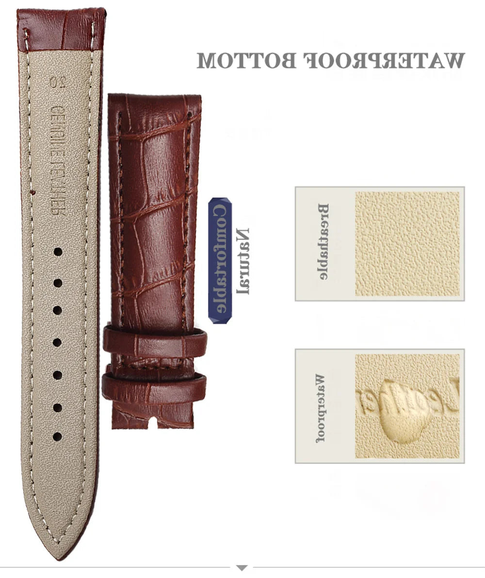 Genuine Leather Watch Strap – 14–24mm with Steel Buckle & Tool
