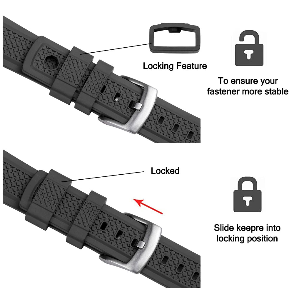 Quality Vulcanized FKM Rubber Watch Strap 20mm 22mm Black Blue Wristband Slide Keeper Ring With Quick Release Sport Watchband