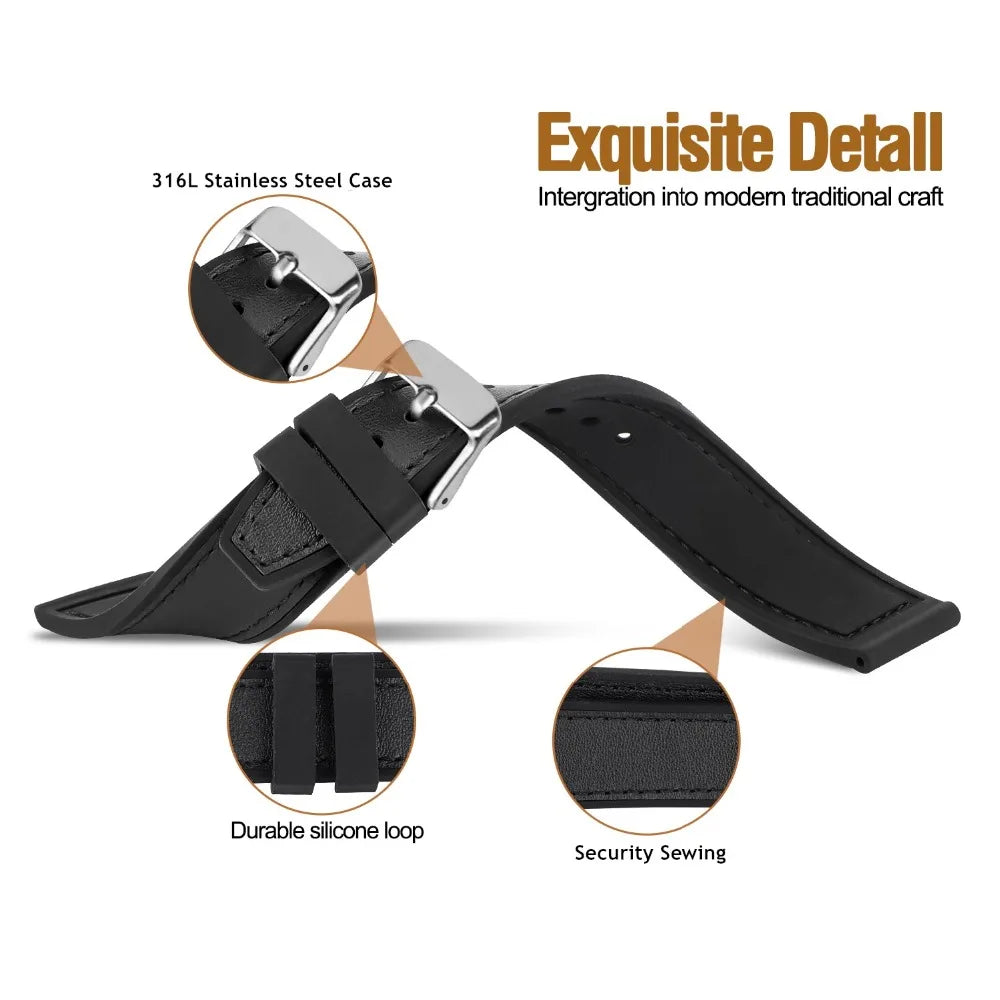 HEMSUT Leather & Silicone Hybrid Strap – 18–24mm, Waterproof