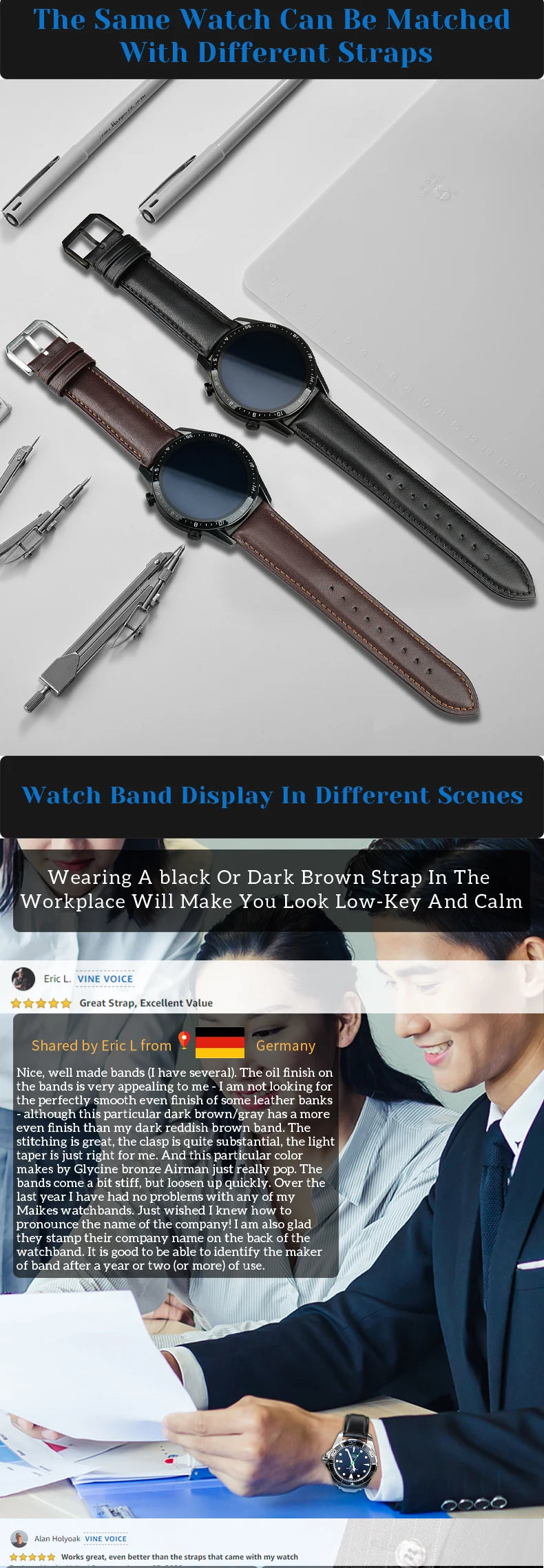 MAIKES luxury Genuine Leather Watch Bands 20mm 22mm 24mm Soft Cowhide Leather Strap Bracelet For Longines Casio DW Watchband