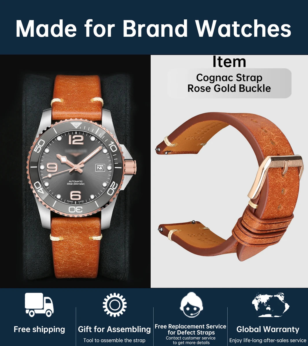 MAIKES Vintage Leather Watch Strap with Butterfly Buckle