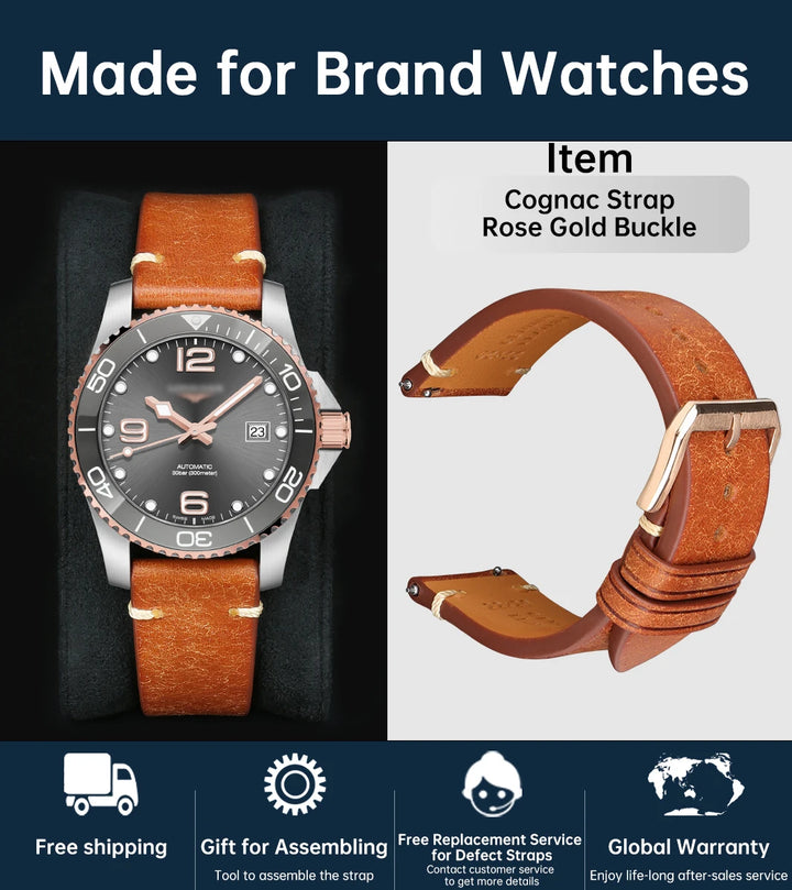 MAIKES Vintage Leather Watch Strap with Butterfly Buckle
