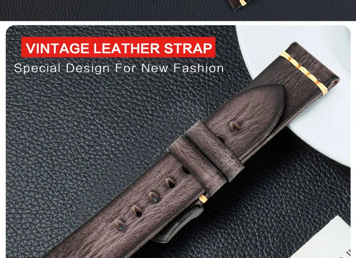 MAIKES Handmade Calfskin Leather Watch Strap – 20/22/24mm, Vintage for Panerai, MIDO & Longines