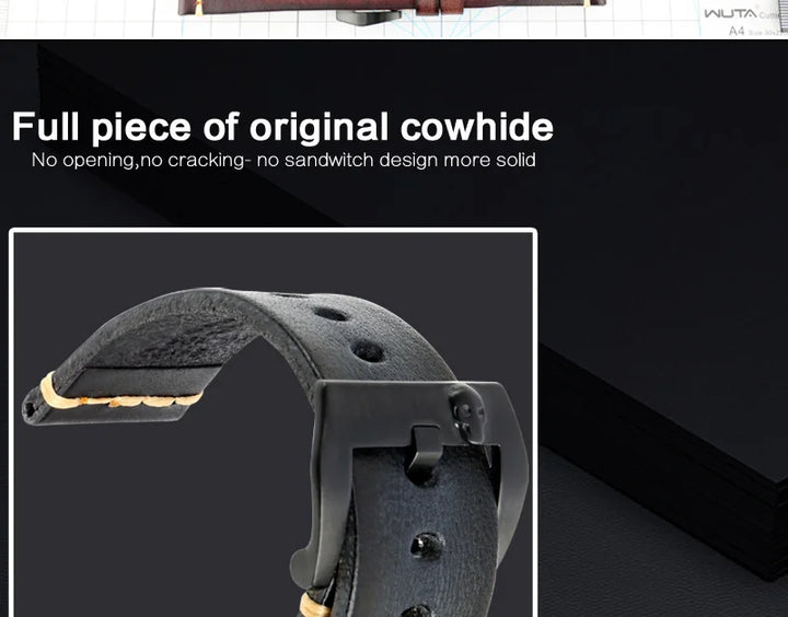 MAIKES Handmade Genuine Cow Leather Watch Band Vintage Black Watchband Watch Bracelet 20mm 22mm 24mm Watch Strap