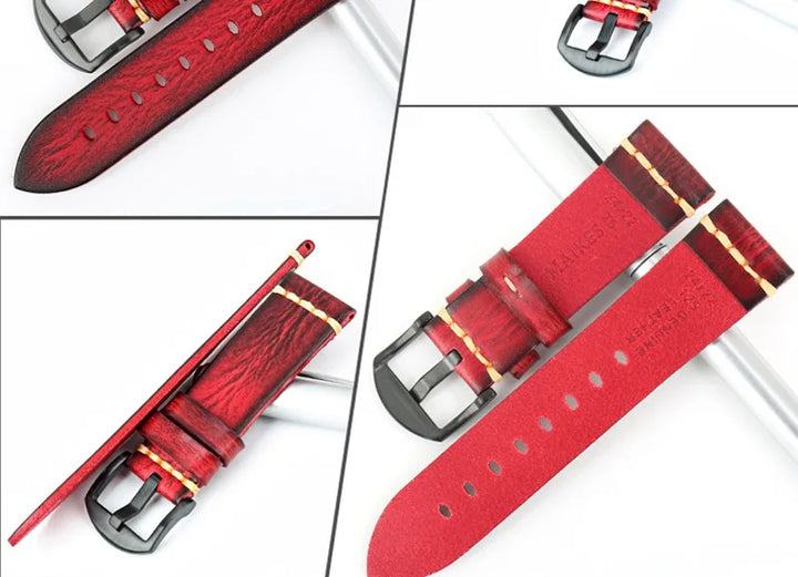 MAIKES Handmade Calfskin Leather Watch Strap – 20/22/24mm, Vintage for Panerai, MIDO & Longines